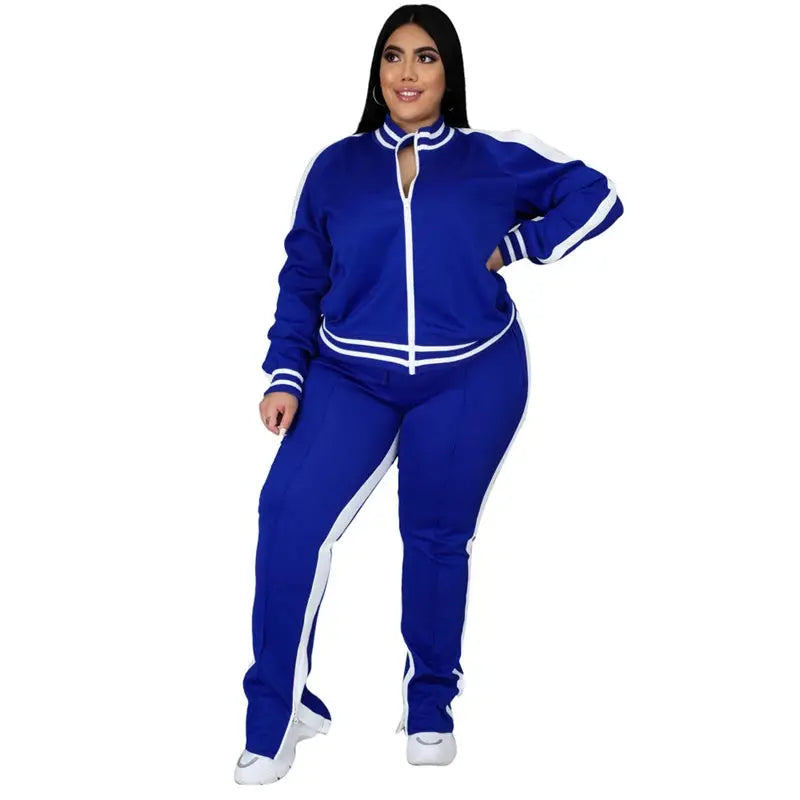 Plus Size L-5XL Two Piece Set Women Sweatsuit Zip Striped Top Slit Sweatpants Jogger Outfit Matching Set Wholesale Dropshipping - Lady T Fashions
