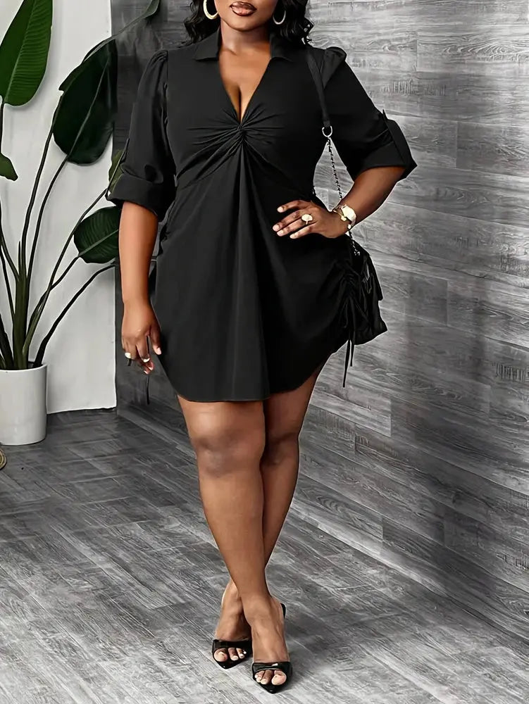 Plus Size Women's Elegant Long Sleeve Shirt Dress for Work, Party and Dating Twisted Front Waist Drawstring, Spring and Autumn - Lady T Fashions