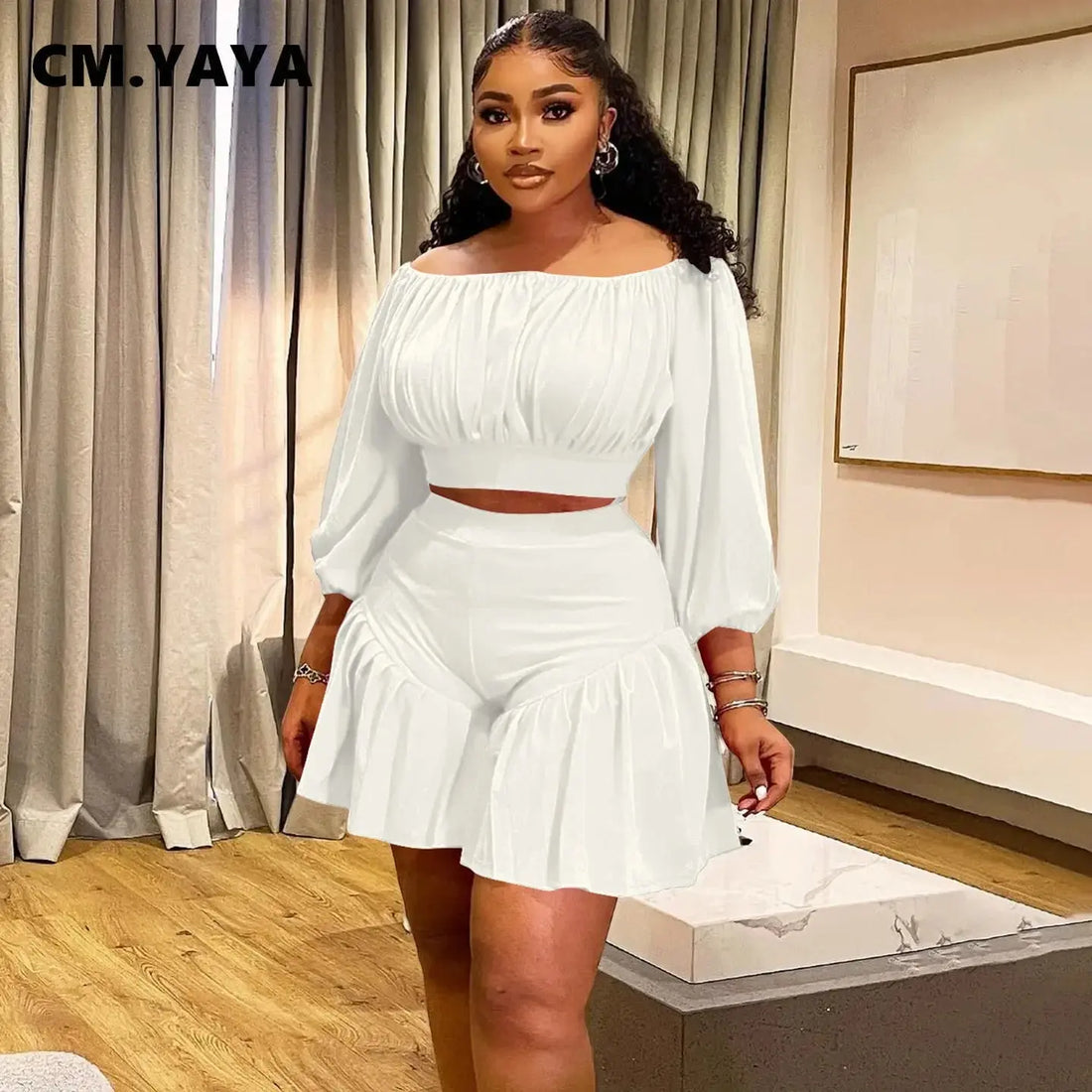 CM.YAYA Plus Size Women's Set Long Sleeve Slash Neck T-Shirt and Shorts 2025 Summer Ruched Two 2 Piece Set Outfits Tracksuit - Lady T Fashions