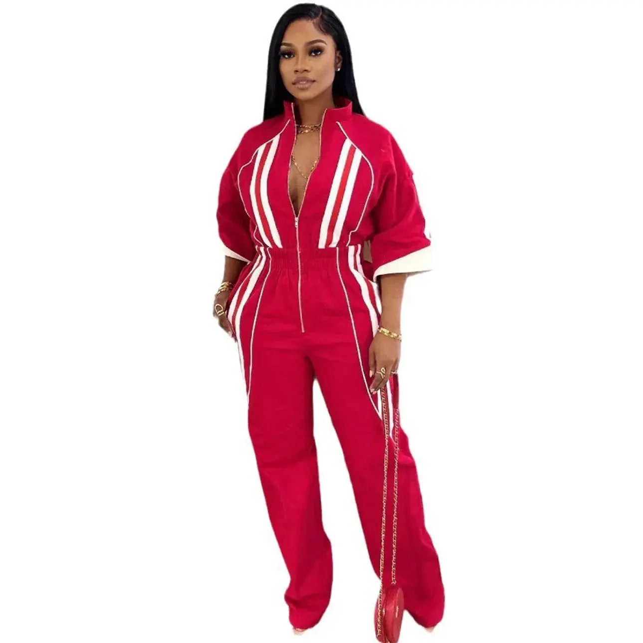 Women Jumpsuits For Spring 3/4 Sleeve Print Stripe Loose Fashion Streetwear Overalls Wide Leg Pants Trousers 2025 Summer - Lady T Fashions