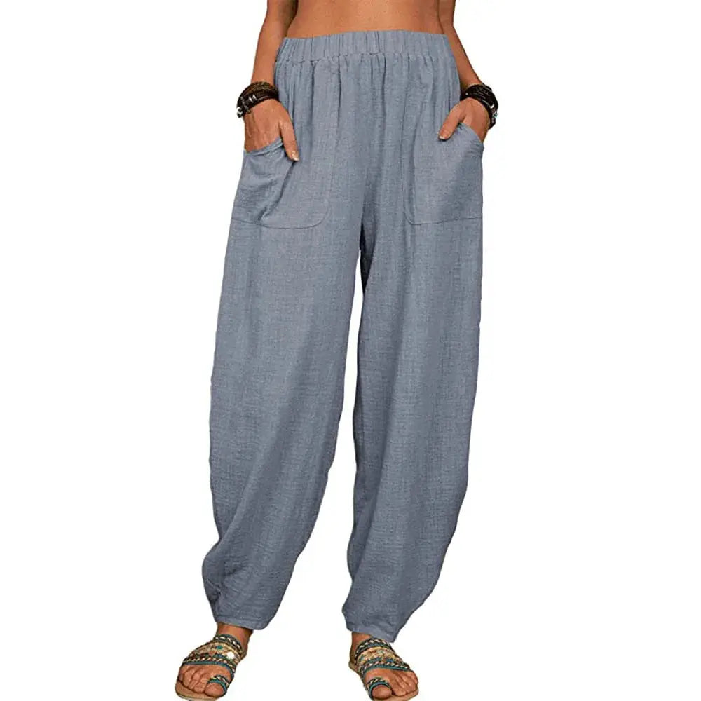 Women Harem Pants Summer Casual Vintage Cotton Linen Pants Elastic Waist Wide Leg Retro Loose Pockets Female Mom Trousers S-5XL Lady T Fashions