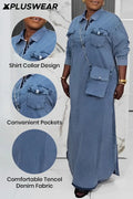Plus Size Dresses Daily Light Blue Shirt Collar Long Sleeve Button Pocket Tencel Denim Maxi Dresses 2025 Women - Lady T Fashions