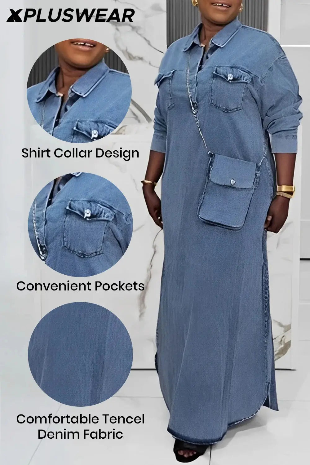 Plus Size Dresses Daily Light Blue Shirt Collar Long Sleeve Button Pocket Tencel Denim Maxi Dresses 2025 Women - Lady T Fashions