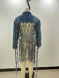 Women Denim Jacket Back Grid Fringe Design Denim Jacket Ladies Spring and Fall Fashion Short Personalized Jacket Coat 2024 New - Lady T Fashions