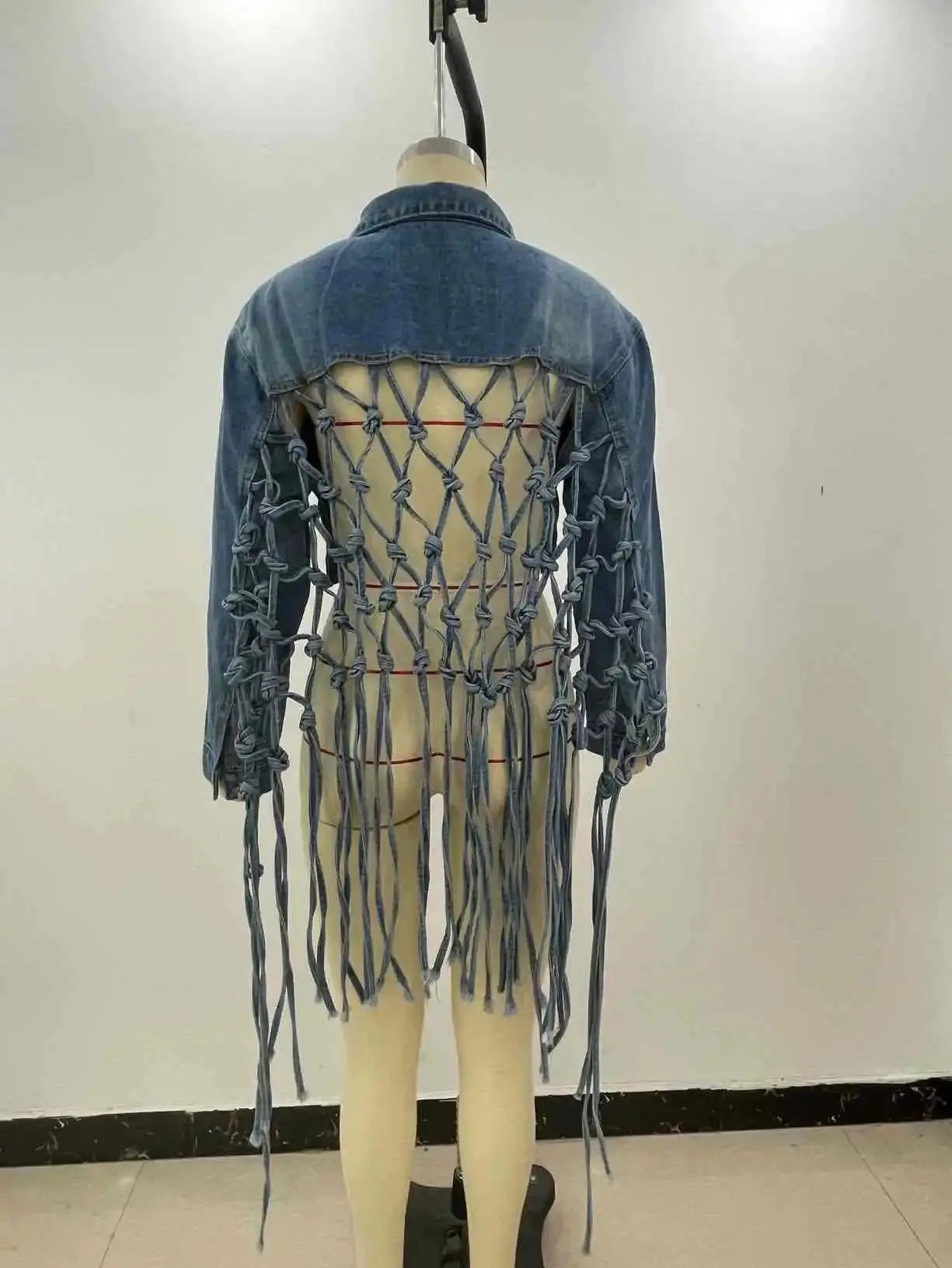 Women Denim Jacket Back Grid Fringe Design Denim Jacket Ladies Spring and Fall Fashion Short Personalized Jacket Coat 2024 New - Lady T Fashions