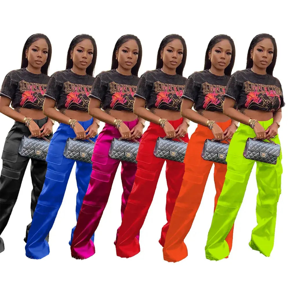 Women Pants  Spring Summer Casual Satin Stretch High Waist Cargo Pants With Pocket Streetwear Solid Wide Leg Pants Flare Trouser - Lady T Fashions