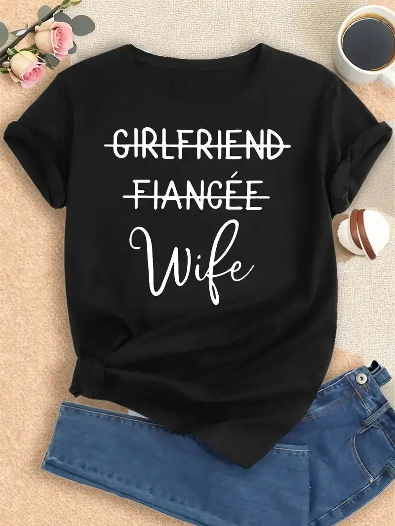 Plus Size Women's Clothing Fashion Letters Wife Print T-shirt, Short Sleeve Crew Neck Casual Top For Summer & Spring - Lady T Fashions