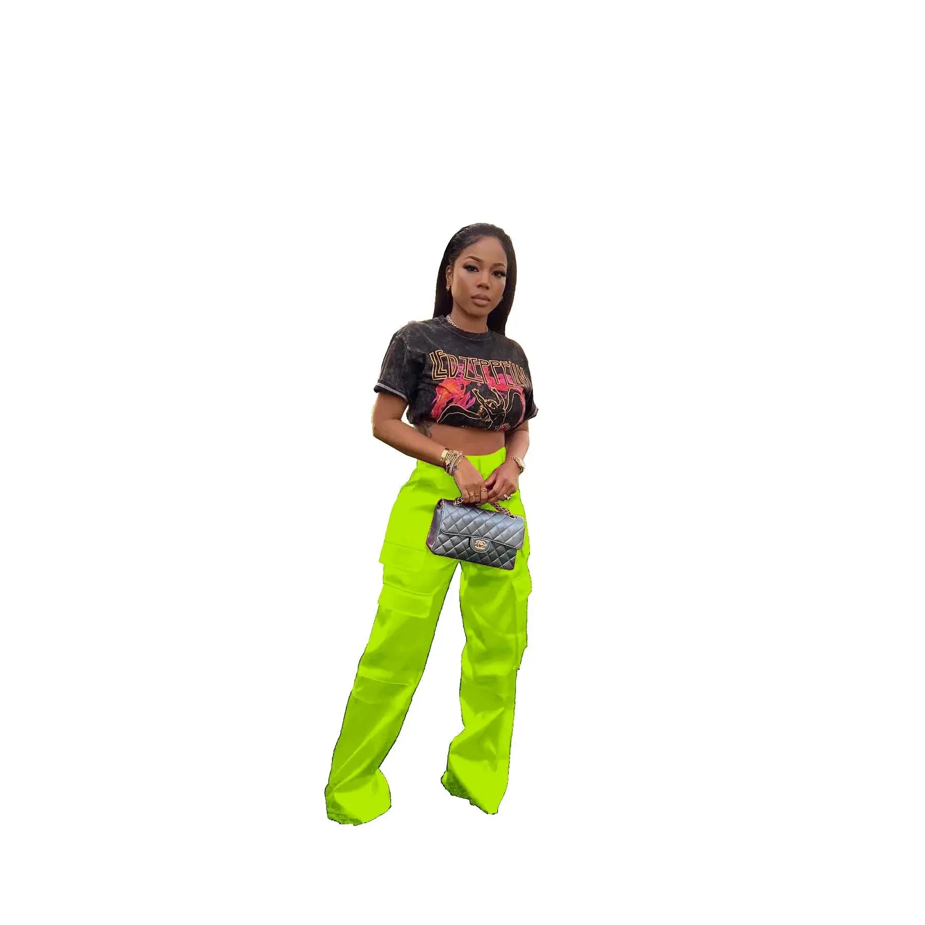 Women Pants  Spring Summer Casual Satin Stretch High Waist Cargo Pants With Pocket Streetwear Solid Wide Leg Pants Flare Trouser - Lady T Fashions