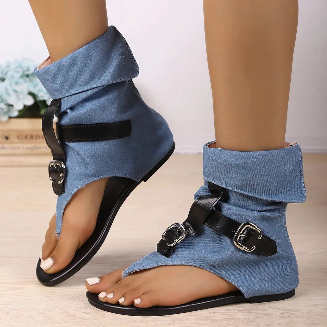 Women Sandals Denim Belt Buckle Large Size High Top Flat Boots New Summer Clip Toe Roman Sandals Dressy Casual Shoes Women Lady T Fashions