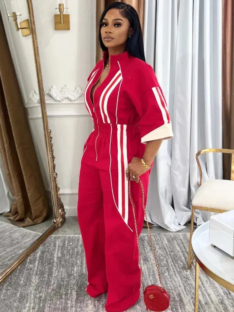 Women Jumpsuits For Spring 3/4 Sleeve Print Stripe Loose Fashion Streetwear Overalls Wide Leg Pants Trousers 2025 Summer - Lady T Fashions