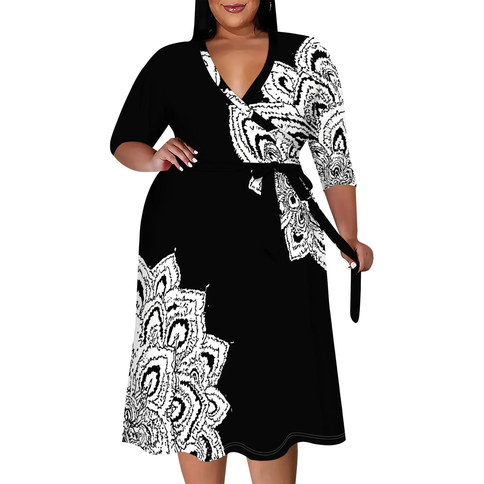 Women's Wrap Dress 2025 New Arrival Orange Floral Print 3/4 Sleeve Summer Dress XL-6XL - Lady T Fashions