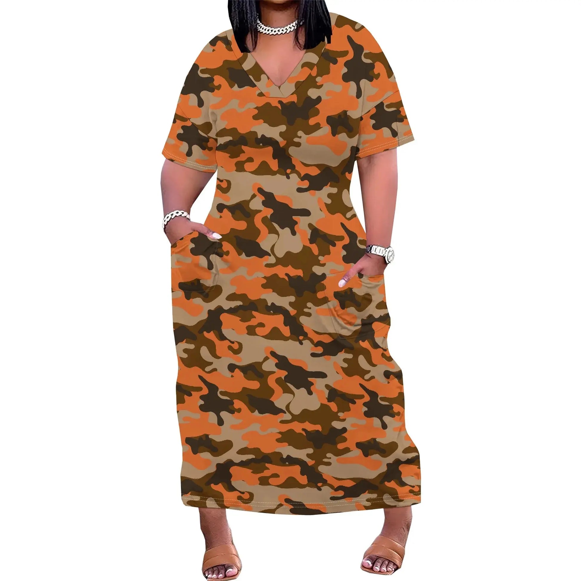 V-Neck Camo Print Women's Loose Maxi Dress 2025 New Arrival Summer Casual Dress XL-6XL - Lady T Fashions