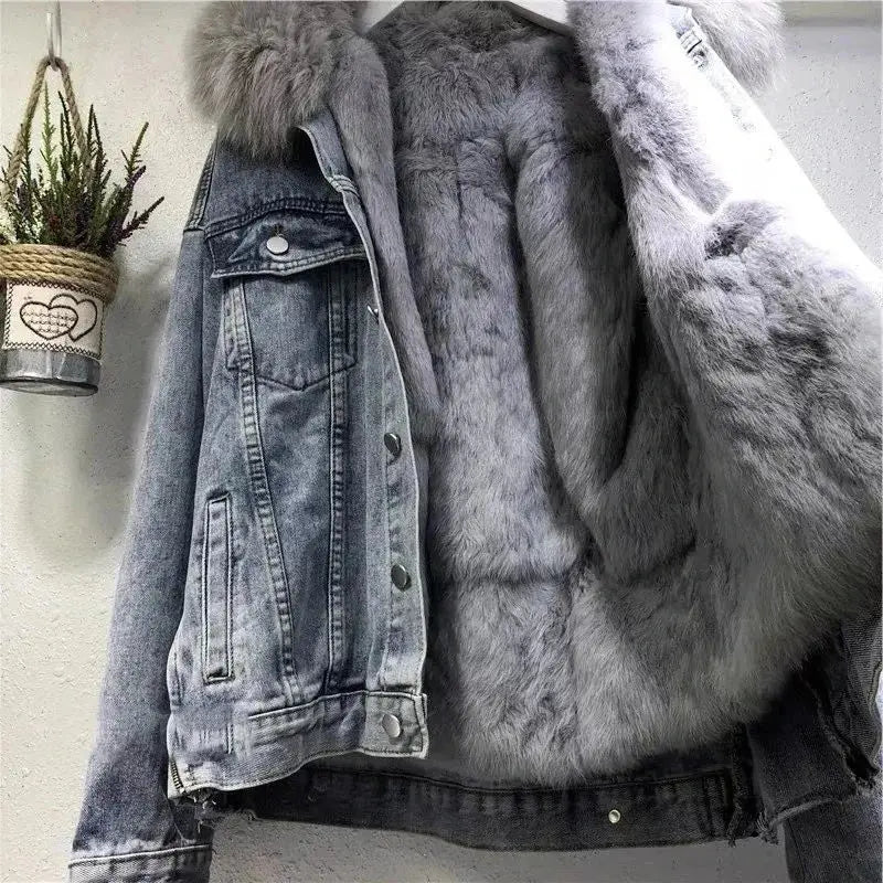 Winter Women Warm Basic Coat Big Fur Collar Denim Jacket Female Cold Motorcycle Jackets Outerwear Fleece Thick Casual Overcoat - Lady T Fashions