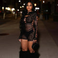 Women's Sexy Long Sleeve Jumpsuit See Through Outfit Sheer Mesh Hollow Out Night Club Short Romper - Lady T Fashions
