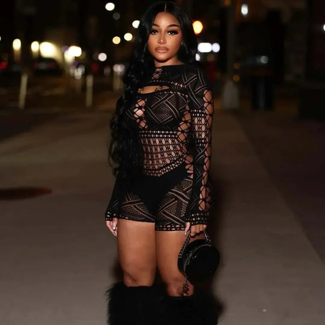 Women's Sexy Long Sleeve Jumpsuit See Through Outfit Sheer Mesh Hollow Out Night Club Short Romper - Lady T Fashions