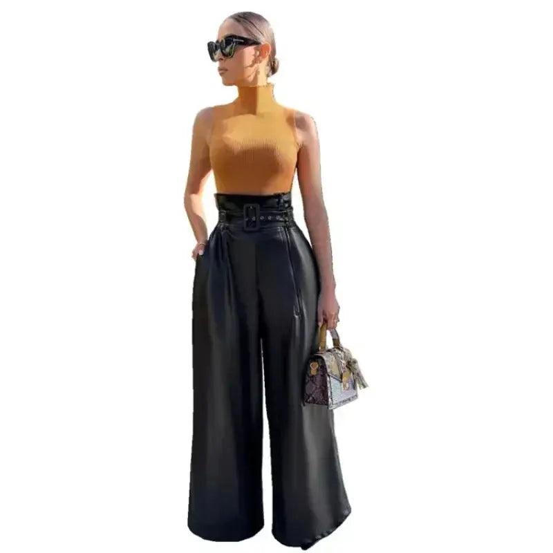 Women's Pants Wholesale Items High Waist Pu Leather Black Wide Leg Pants for Women Casual Fashion Loose Streetwear Trouser Femme Lady T Fashions