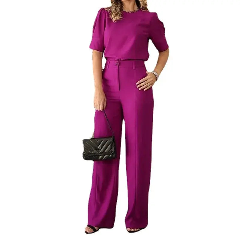 Women Pants Sets Short Sleeve O Neck Pullover Top Wide Leg Pants Loose Two Pieces Pockets Casual Basics Ankle Length Elegant - Lady T Fashions