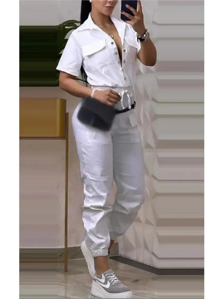 Fashion Casual Pocket Solid Color Short Sleeved Women Jumpsuit Spring Autumn New Waistband Female Shirt Work Overalls Pants - Lady T Fashions