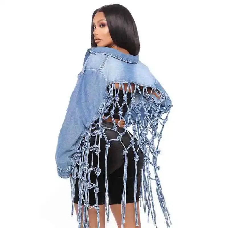 Women Denim Jacket Back Grid Fringe Design Denim Jacket Ladies Spring and Fall Fashion Short Personalized Jacket Coat 2024 New - Lady T Fashions