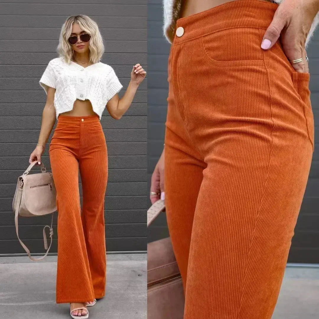 Women Pants Elegant Corduroy Autumn Winter Fashion Slim Casual Female New Solid Mid-waist Street Long Flare Clothing Lugentolo - Lady T Fashions