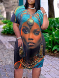 Casual Chic V-Neck Short Sleeve Dress with Artistic Portrait Print and Patchwork Detailing - Lady T Fashions