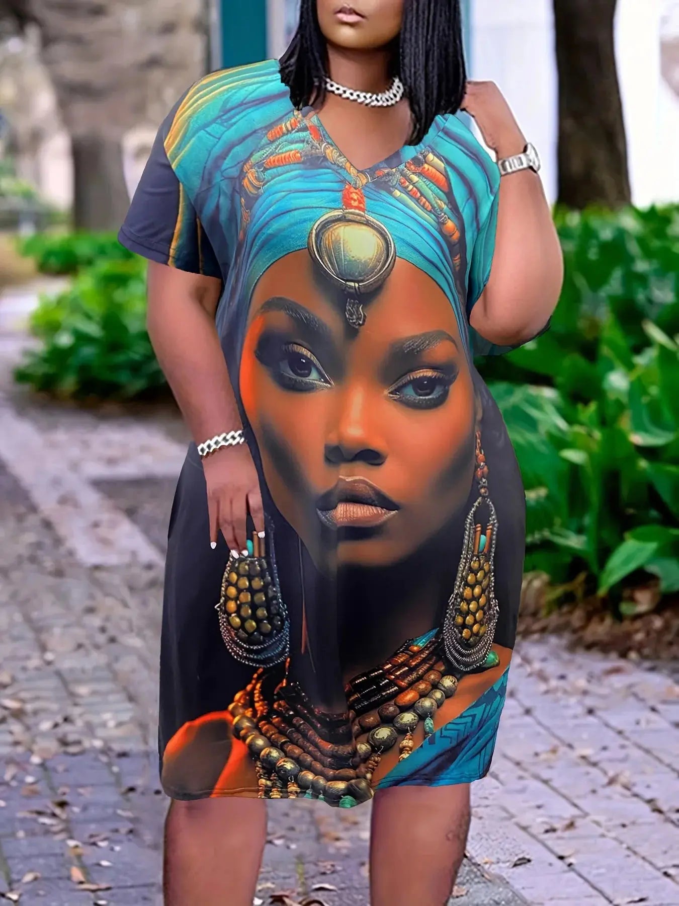 Casual Chic V-Neck Short Sleeve Dress with Artistic Portrait Print and Patchwork Detailing - Lady T Fashions