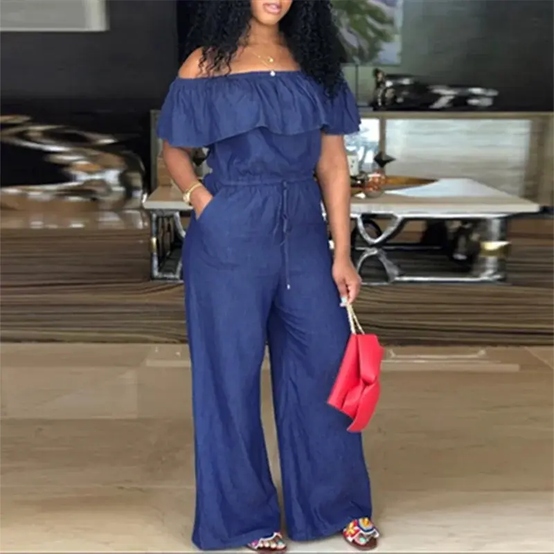 Women's Sexy Strapless Romper - Denim Wide Leg Jumpsuit with Ruffles Summer Beachwear - Lady T Fashions