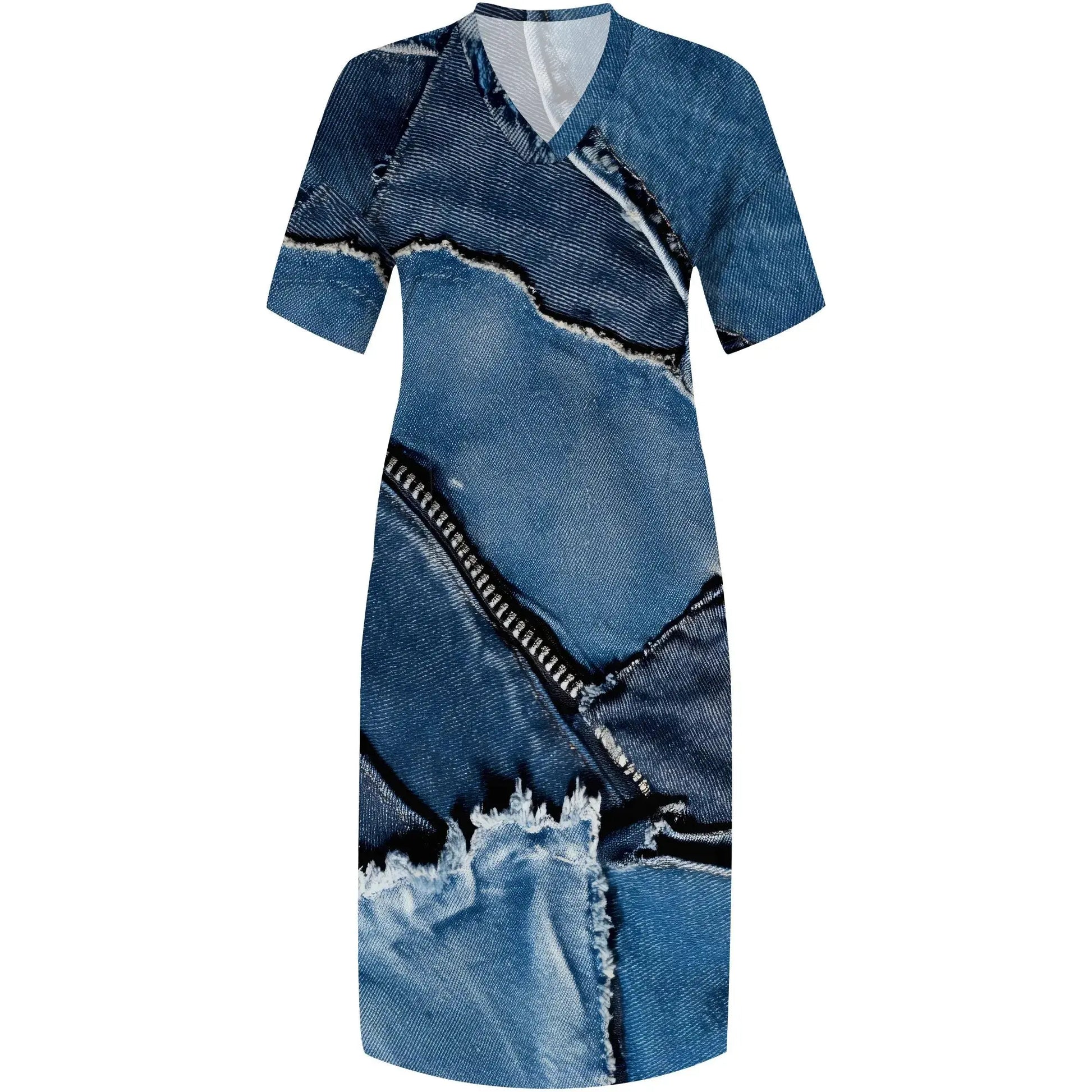 Women's Polyester Denim Style A-Line Midi Dress Light Blue Short Sleeve Casual Work - Lady T Fashions