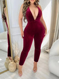 Women's sexy hot girl deep V-neck hanging neck velvet backless tight jumpsuit - Lady T Fashions