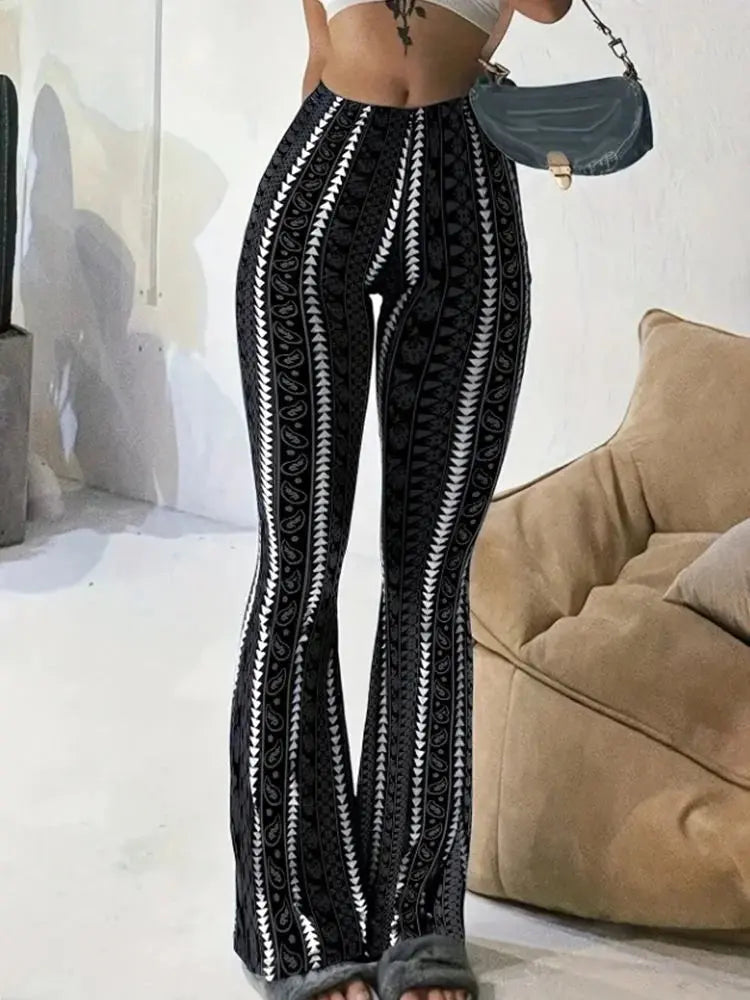 Women Pants Retro Print Flared Leggings Sexy Slim Fit Casual Pants Street Style 2025 Spring Summer Fashion Long Trousers - Lady T Fashions