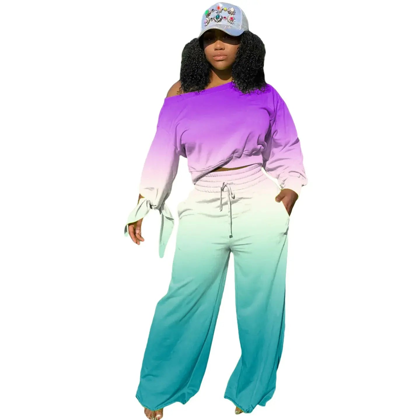 Women's clothing long pants set gradient color trendy long sleeved knotted wide leg pants set autumn and winter styles plus size - Lady T Fashions