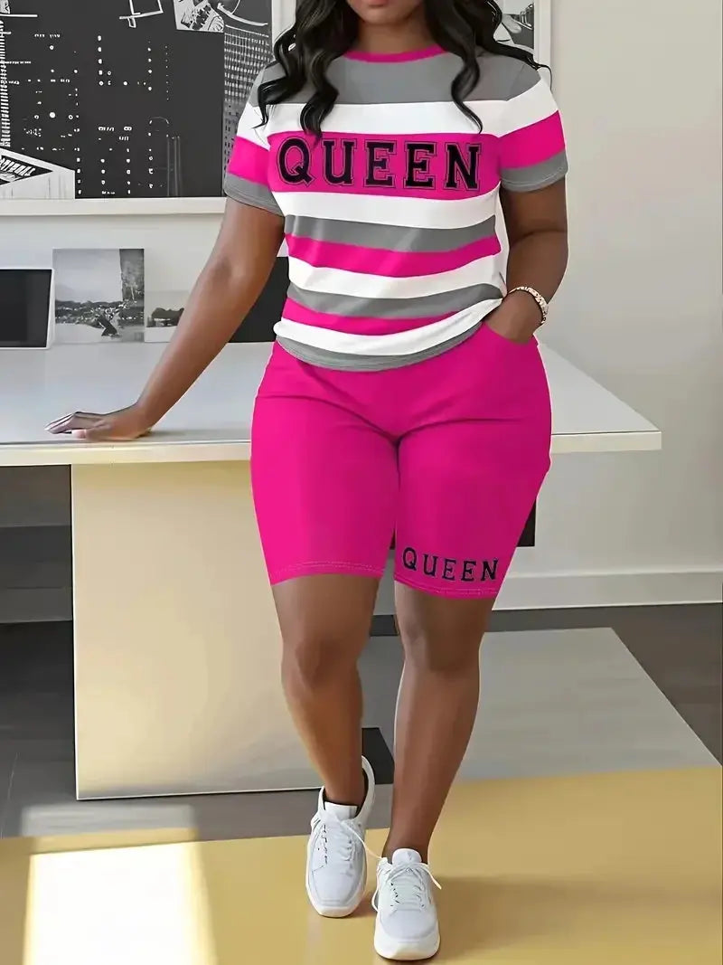 Plus Size Summer Outfits Biker Shorts Set Crew Neck Short Sleeve Positioning Printing Queen Plus Size 2 Piece Set Women - Lady T Fashions