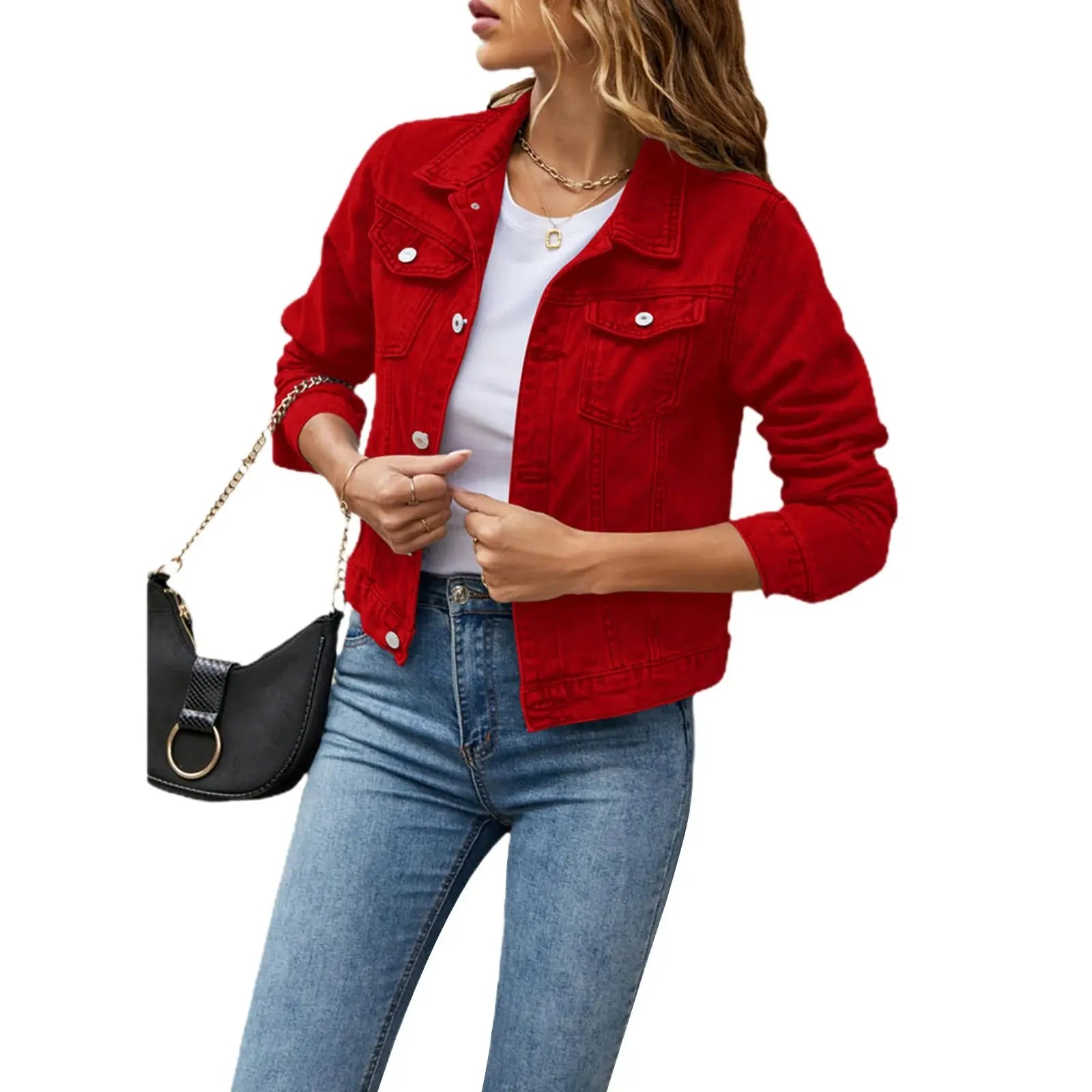 Women's Denim Jackets Fashion Female Casual Long Sleeve Lapel Solid Button Down Chest Pocket Slim Jean Jacket Fall Winter Coat - Lady T Fashions