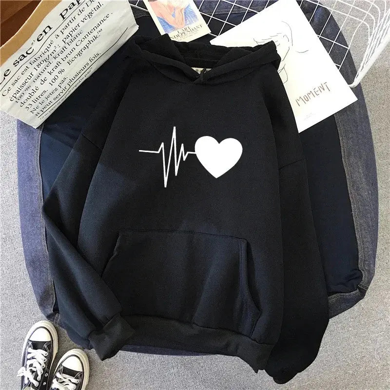 Woman Hooded Sweatshirt Casual Fashion Heart Print Hoodies Ladies Home Outdoor Comfort Warm Pullover Daily Sport Loose Hoody Top - Lady T Fashions