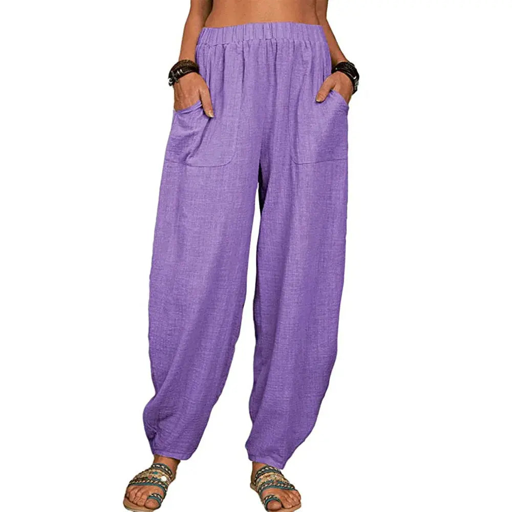Women Harem Pants Summer Casual Vintage Cotton Linen Pants Elastic Waist Wide Leg Retro Loose Pockets Female Mom Trousers S-5XL Lady T Fashions