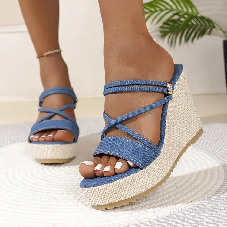 2025 Summer NewPlus-size Wedge Sandal Lady Cowboy Simple Commuting Muffin Bottom Summer Slope with Sandals Women High Heels - Lady T Fashions
