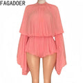 FAGADOER Fashion Mesh Bodycon Rompers Women Round Neck Flare Sleeve Ruched Patchwork Jumpsuit Female Streetwear Overalls New - Lady T Fashions