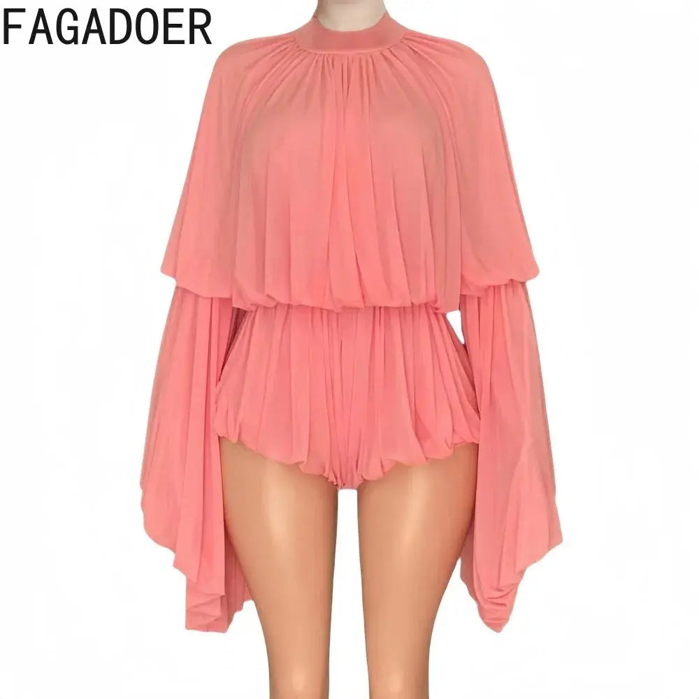 FAGADOER Fashion Mesh Bodycon Rompers Women Round Neck Flare Sleeve Ruched Patchwork Jumpsuit Female Streetwear Overalls New - Lady T Fashions