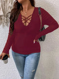 Plus Size Women's Deep V Neck T-Shirt Cross Front Loop Detail One-Piece Shirt Top Polyester Solid Colours - Lady T Fashions