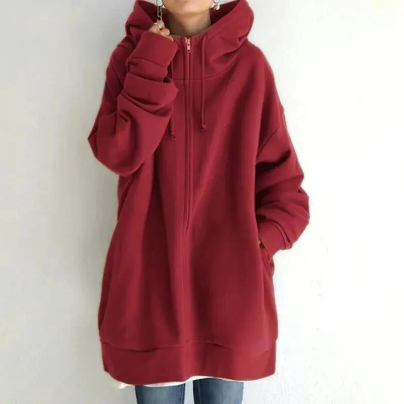 Women's Oversized Hoodie Autumn Winter Casual Zip Solid Long Hooded Coats 2025 Fashion Street Hoodies Coat Female - Lady T Fashions