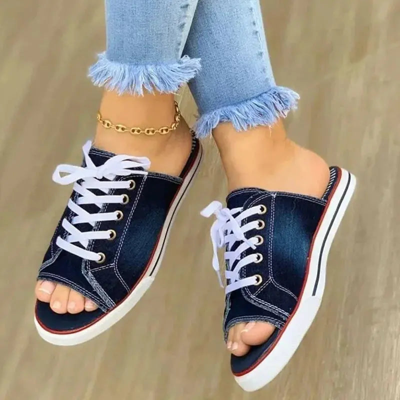Women Canvas Flat Slipper Lace Up Peep Toe Casual Shoe Female Fashion Denim Beach Shoes - Lady T Fashions