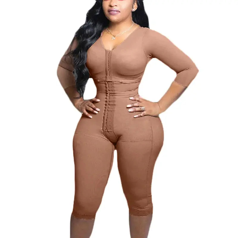 Full Body Shapewear With Sleeves Knee Length Shorts Butt Lift Up Tigh Slimming Front Hooks Waist Trainer Shapewear for Women - Lady T Fashions