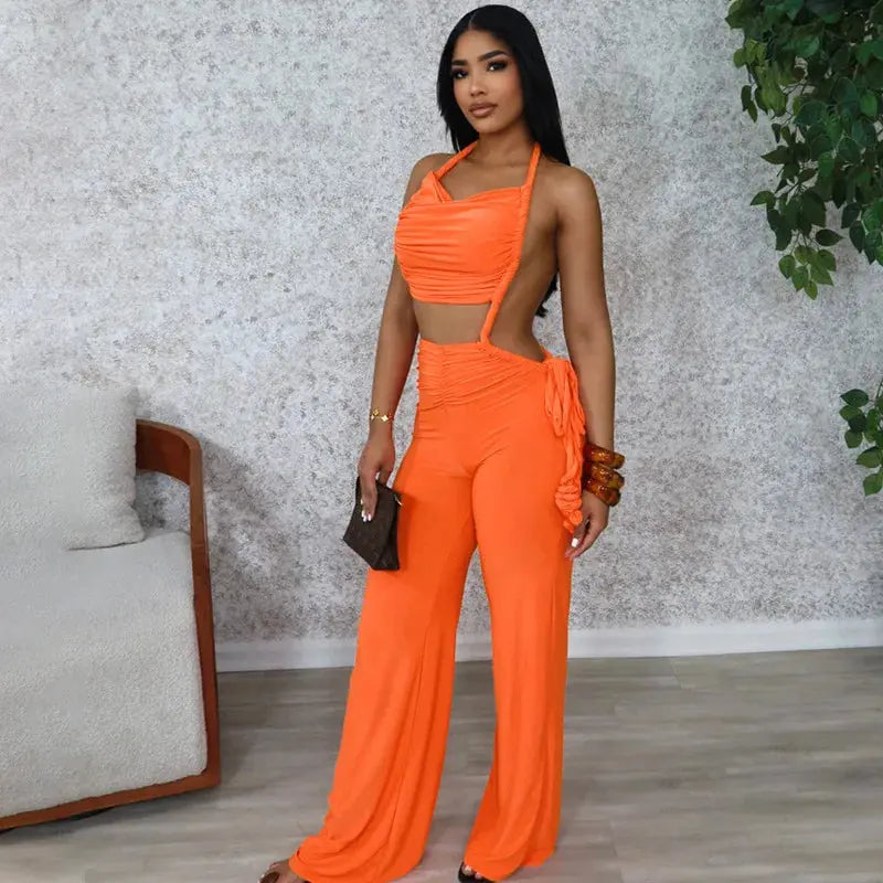 FAGADOER Sexy Ruched Patchwork Bodycon Jumpsuits For Woman Halter Sleeveless Wide-leg Romper Female Streetwear Overalls 2025 New - Lady T Fashions