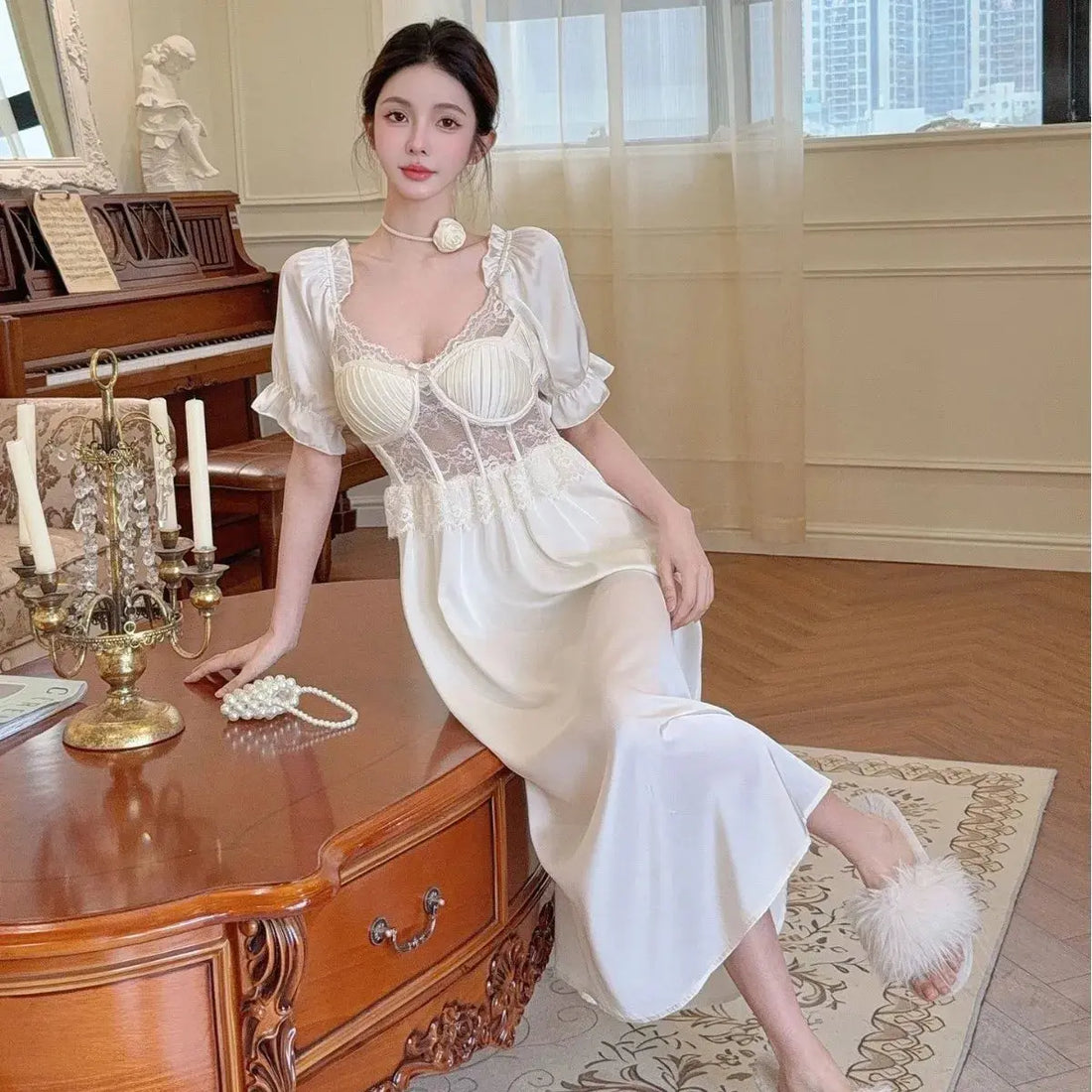 Women Long Nightgown Sleepwear Elegant Retro Court Style Nightdress Home Dressing Gown Spring Summer Rayon Sexy Lace Loungewear - Lady T Fashions