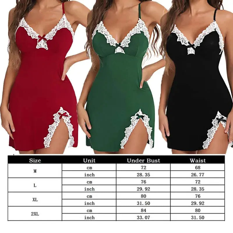 Sexy Sleepwear Women Lace Silk Satin V-Neck Nightgown Split Hem Soft Lingerie Night Dress Sleeveless Sleepwear Female Clothes - Lady T Fashions