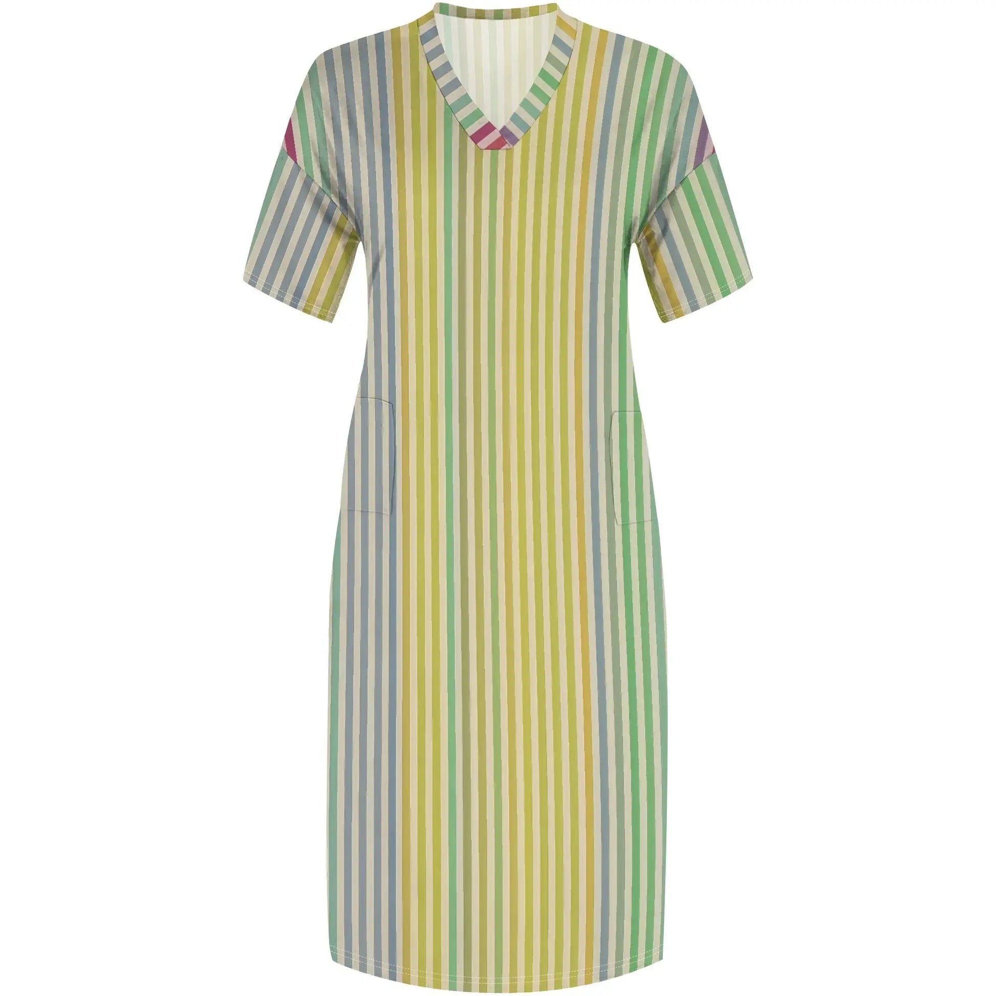 Striped Women's Maxi Dress XL-6XL, V-Neck Casual Summer Dress with Pockets, Green & Beige Vertical Stripes - Lady T Fashions