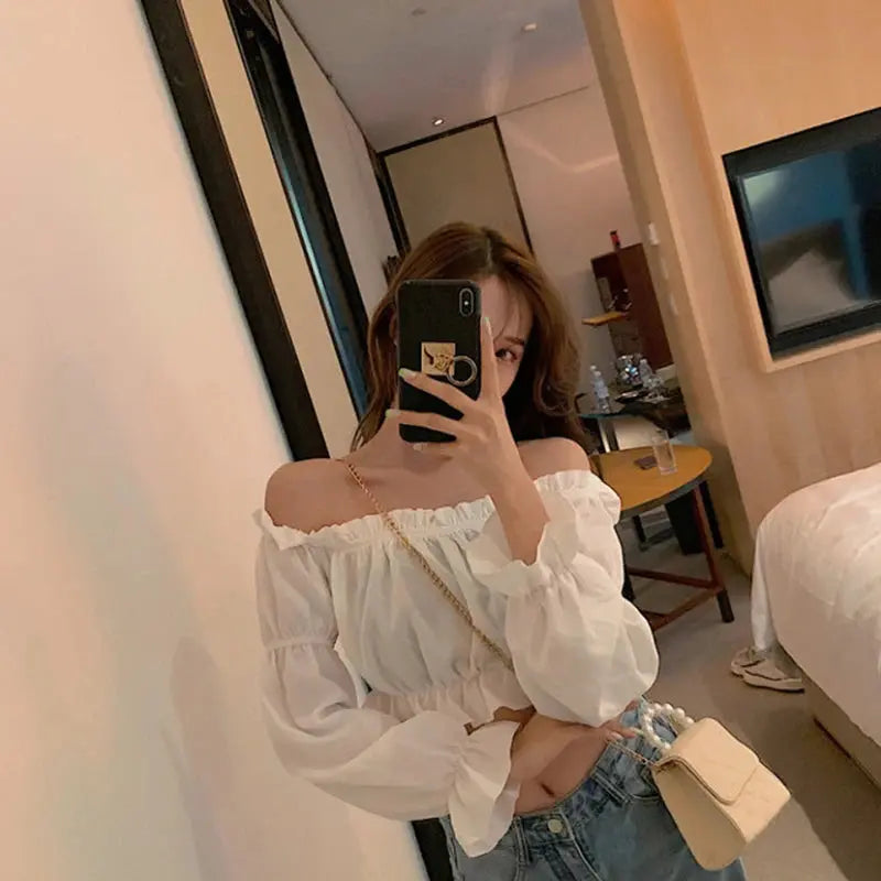 Women Top Sexy Blouse Off Shoulder Top Long Sleeve Solid Color White Shirt Puff Sleeve Ruffle Tunic Crop Top Summer Tube Top - Lady T Fashions