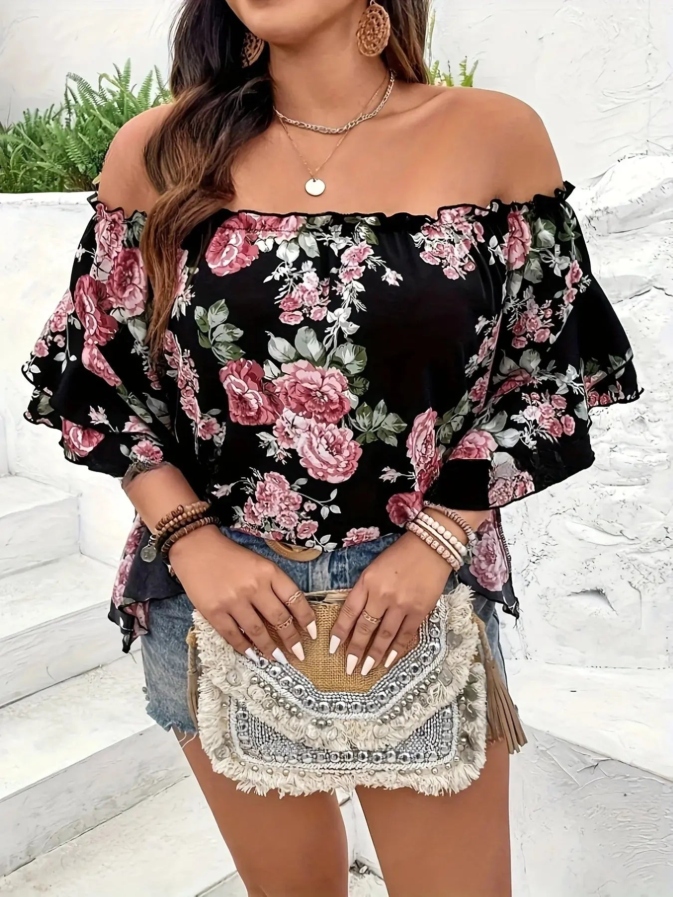 Plus Size Summer Women Elegant Chiffon Shirt Floral Print Off the Shoulder Tops Ruffle Sleeve Curve Clothing - Lady T Fashions