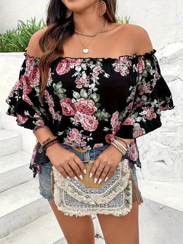 Plus Size Summer Women Elegant Chiffon Shirt Floral Print Off the Shoulder Tops Ruffle Sleeve Curve Clothing - Lady T Fashions
