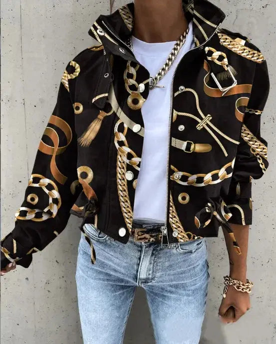 Jackets Women Coats Stand Collar Coat Zipper Print Y2k Tops Streetwear Casual Outerwear Single Breasted Spring Work Jacket - Lady T Fashions